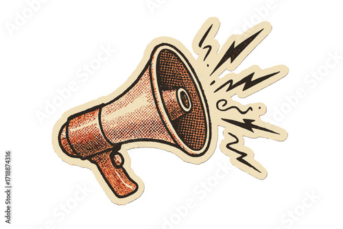 Vintage halftone megaphone with doodle sound effects, retro paper sticker design with torn paper edges, 90s offset style vector illustration for communication and announcement