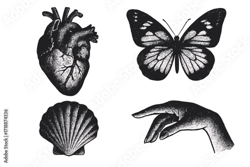 Trendy vintage summer vibes elements with retro photocopy effect, y2k design featuring detailed human heart, butterfly, sea shell, and elegant female hand illustration