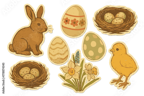 Vintage paper collage of traditional Easter elements with bunny, decorated eggs, chick, spring flowers, bird nests, retro torn paper stickers vector set