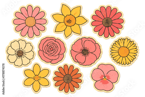 Vintage spring flowers kit collage, top view colorful flowerheads, girly aesthetic retro bitmap design, scrapbook cutout elements, trendy floral stickers collection
