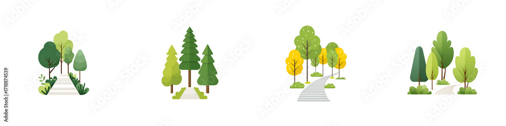 Fototapeta premium Abstract Trees: Group of Geometric Tree Illustrations on White
