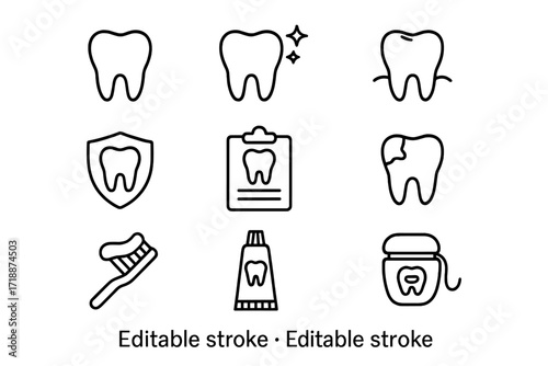 Teeth and Stomatology Icon Bundle with Editable Stroke, Thin Line Dental Care Symbols, Tooth Brushing, Toothpaste, Dental Insurance, Decay Treatment, Oral Hygiene Vector Set