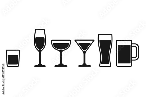 Set of various black silhouette drinking glasses with transparent background. Includes shot glass, wine glass, cocktail glass, martini glass, beer glass, and mug for bar and beverage design