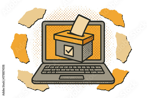 Online voting concept illustration. Laptop with ballot box on screen in trendy halftone collage style. E-voting, digital democracy, and remote election vector banner.