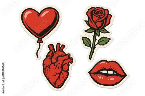 Y2K grunge collage Valentine’s Day romantic stickers set featuring heart balloon, red rose, anatomical heart, lips, torn paper retro magazine elements, vintage love decor