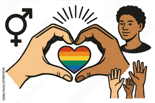 LGBTQ Pride month vector collage with heart hands and rainbow emblem. Gender diversity, equality and unity concept. Multiracial community support. Vintage halftone illustration.