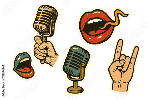 Retro groovy music collage elements set with vintage microphone in halftone, hand holding mic, singing lips with tongue, rock hand gesture, vintage style vector stickers collection
