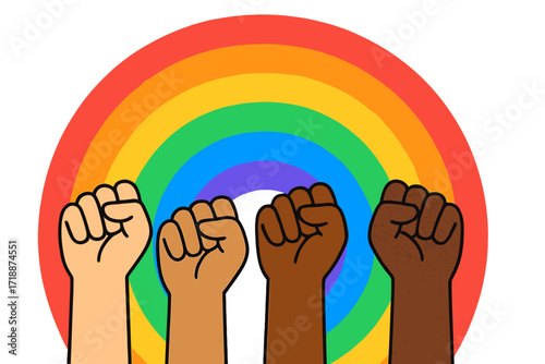 Raised fists diversity on rainbow background. LGBT rights campaign banner. Gender diversity, unity concept. Pride month illustration. Multicultural hands power protest vector.
