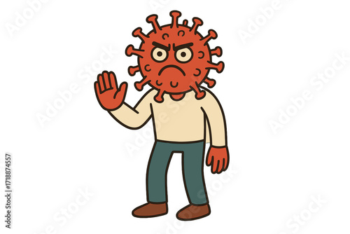 Angry coronavirus character with stop hand gesture. COVID-19 monster mascot warning about pandemic danger. Flat vector cartoon illustration for health and medical alert.