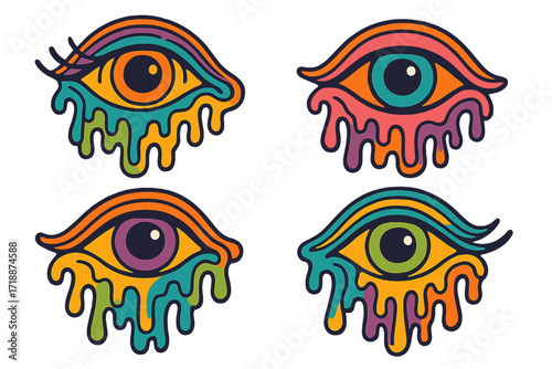 Trippy melting eyes set. Surreal psychedelic dripping eye collection. Groovy 70s retro style. Hand drawn contour vector illustration. Hippie cartoon sticker pack element.