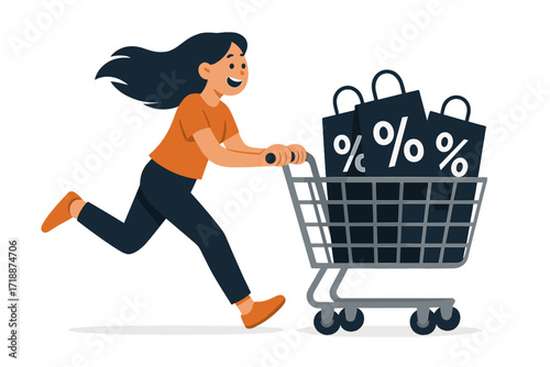 Young woman running with a shopping cart full of bags. Black Friday sale concept. Big discounts, special offer, promotion. Happy buyer, customer, shopaholic character flat vector.