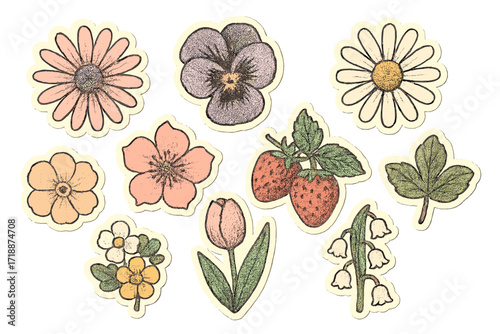 Vintage spring flowers sticker kit. Retro scrapbooking collage elements with girly aesthetic. Flowerheads, strawberry, and leaves in a trendy cutout photocopy bitmap style.
