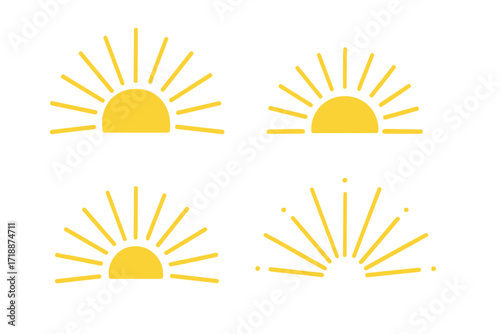 Boho half sun collection. Minimalist sunrise and sunset icon set. Simple sunbeam and sunshine ray symbols. Summer morning vector graphic element for logo design. Abstract dawn.