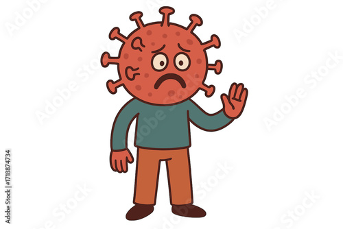 Coronavirus character concept for pandemic awareness. Sad virus mutant making stop hand gesture. Health crisis and quarantine theme. Flat vector cartoon illustration.