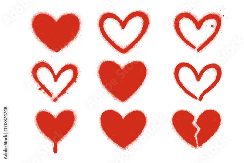 Urban graffiti spray paint hearts set, Valentine Day romantic heart elements, ink graphic leaks and stains, abstract love symbols, wedding design, modern love art