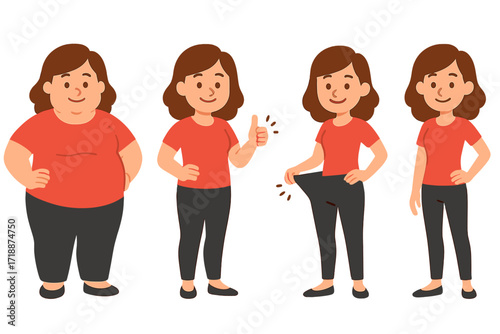Woman's weight loss transformation. Before and after diet and fitness. Fat to slim body shape change concept. Healthy lifestyle journey from overweight to healthy figure vector set.