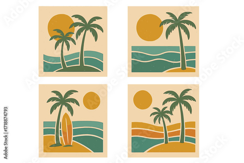 Vintage boho groovy palm tree beach summer sun sea set, surf club vacation sunny day aesthetic, retro style flat vector illustration, trendy naive tropical background