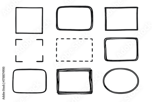 Hand-drawn black doodle frames set, square and rounded corners, dashed and solid line borders, vector illustration with transparent background, sketch style rectangles and oval shapes
