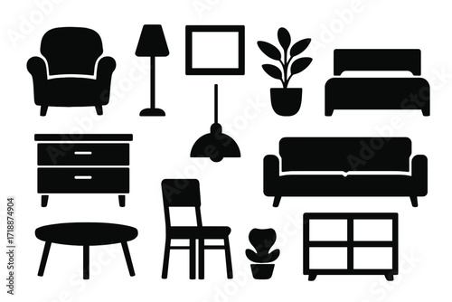 Vector illustration of modern home furniture set with transparent background, including armchair, sofa, bed, chair, table, lamps, plants, cabinets, and shelves for interior design concepts