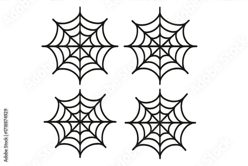 Set of four black spiderweb icons, cobweb symbols, vector cartoon illustrations with transparent backgrounds, Halloween decoration elements, spooky web designs