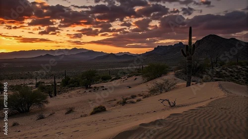 A stunning time-lapse of a desert landscape with saguaro cacti under a beautiful, fiery sunset with moving clouds.