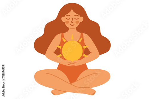 Summer greeting card illustration of a peaceful long-haired girl in a swimsuit sitting in lotus pose holding a bright sun symbol in her arms, boho style flat vector art