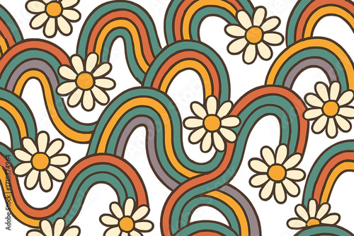 Seamless tangled retro rainbows pattern with hippie daisy flowers, groovy contour vector, vintage style floral and rainbow cartoon illustration with transparent background