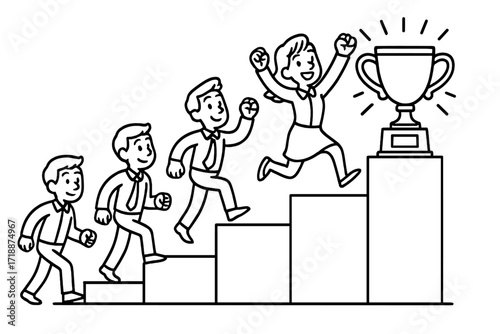 Success concept vector illustration with businesspeople climbing steps to reach shining trophy, achievement, teamwork, career growth, goal, leadership, motivation, competition, celebration