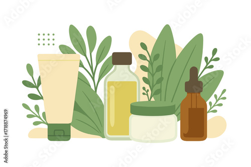 Organic natural cosmetics composition with glass tubes of lotion, oil, cream, serum, beauty skincare products with green leaves and plants background, flat style illustration