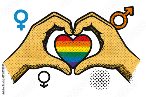 Vibrant vintage style heart-shaped hands holding rainbow LGBT pride heart emblem, gender symbols, diversity and unity concept, halftone collage for Pride Month celebration vector