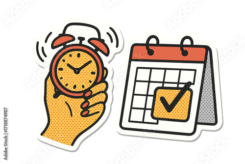 Female hand holding ringing alarm clock with reminder marked on calendar, trendy halftone collage torn sticker, time management and schedule planning concept, vector business design element