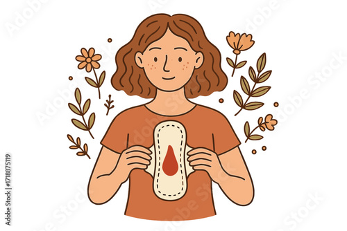 Woman holding menstrual pad with blood drop, feminine hygiene and menstrual period care concept, PMS awareness, premenstrual syndrome illustration, health and wellness vector