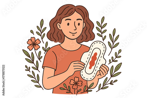 Woman holding menstrual pad with blood, feminine hygiene concept, hand-drawn menstruation illustration, period care, PMS awareness, premenstrual syndrome vector art with flowers and leaves