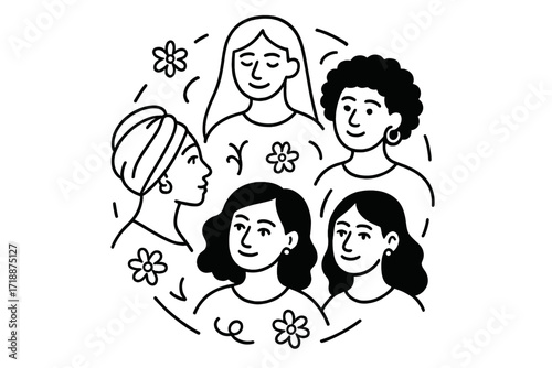 International Women's Day greeting card design with diverse women in circle composition, 8 March celebration, feminist concept, simple linear doodle style vector illustration