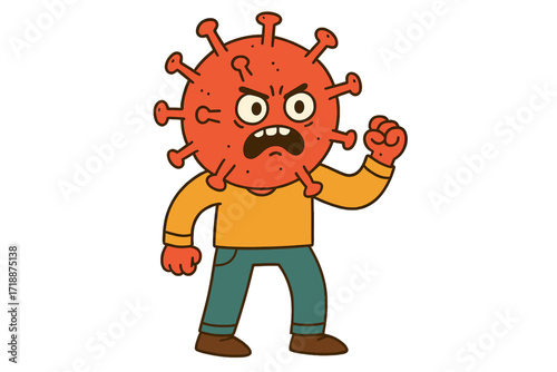 Angry coronavirus character with virus head. Covid-19 mascot concept. Human mutant cartoon illustration. Pandemic, epidemic, disease, health threat. Flat vector design isolated.
