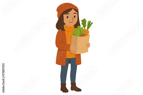 Young woman in autumn clothes carrying grocery shopping bag with fresh vegetables, girl in cozy sweater holding paper bag with healthy food, fall shopping vector illustration