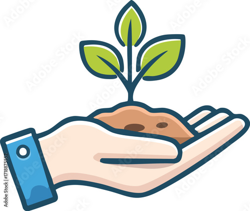 A hand gently cradles a small plant growing from a mound of soil, symbolizing growth and environmental care.