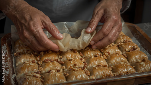 Hands Preparing Sweet Pastry with Nuts in Baking Tray
