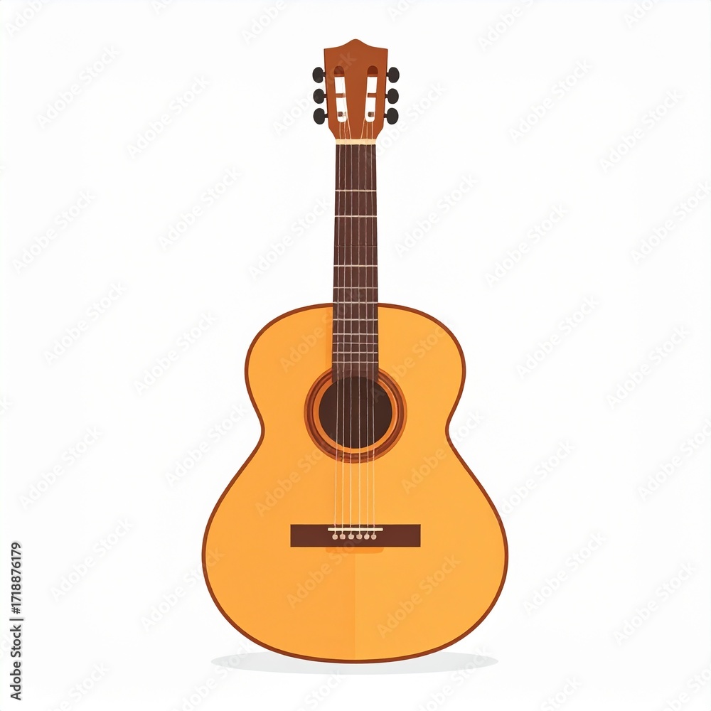 Obraz premium Simple flat vector illustration of a classic wooden acoustic guitar. Minimalist stringed musical instrument graphic isolated on a solid white background