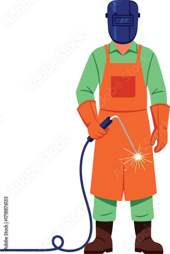 Welder illustration worker welding metal sparks safety gear editable vector