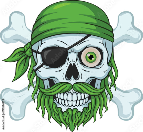 Pirate skull vector illustration with green bandana and beard editable vector