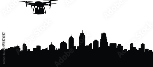 Drone delivering package over city skyline silhouette representing futuristic logistics and urban delivery