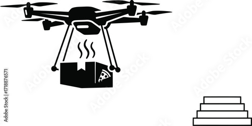 Drone delivering pizza box reaching destination with stairs silhouette concept illustration