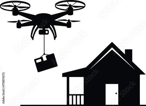 Drone delivering package to home modern delivery concept with unmanned aerial vehicle and package silhouette