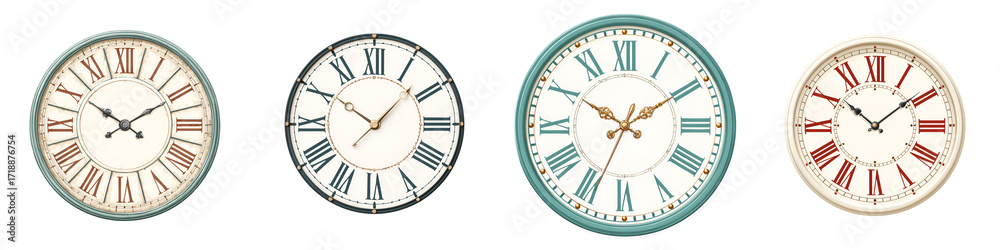 Fototapeta premium Vintage Wall Clock Collection: Antique Roman Numeral Clocks