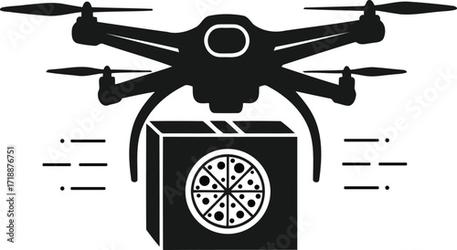 Drone delivering pizza fast food delivery concept black and white silhouette vector illustration of a drone carrying a pizza box for online order delivery