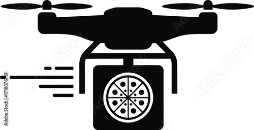 Drone delivering pizza fast modern food delivery concept simple black and white vector illustration for technology and service designs