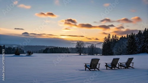 A time-lapse of three empty chairs in a snowy landscape, watching the sunset over a winter forest.