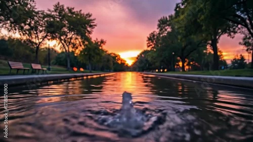 A time-lapse of a water fountain in a park, showing the transition from a vibrant sunset to a calm evening.