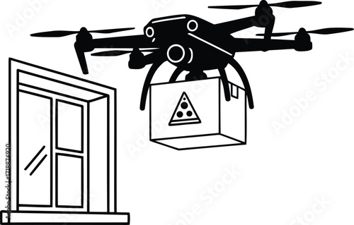 Drone delivering pizza to home window modern technology concept delivery service illustration in black and white style.
